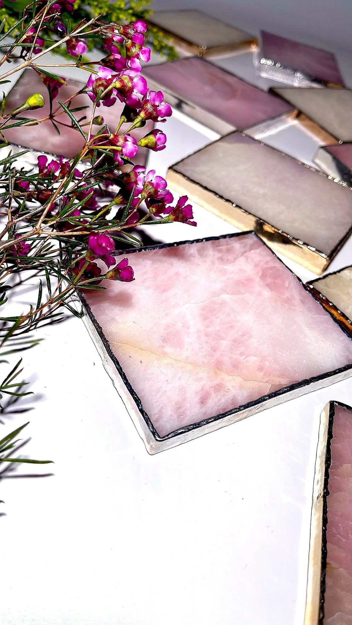 Rose & Milky Quartz coasters - The Crystal Therapy